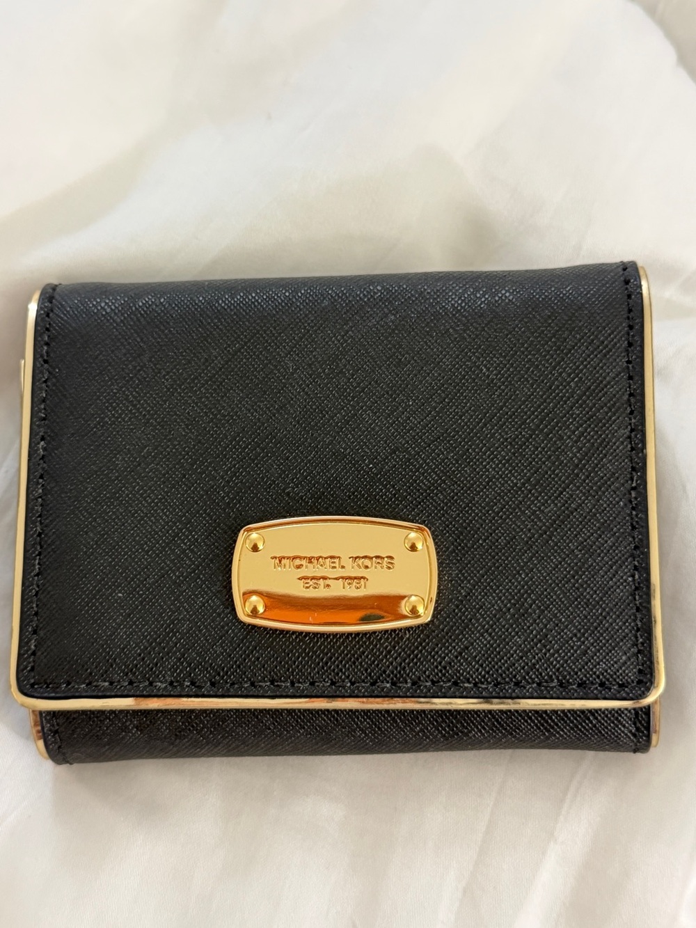 Michael Kors Black Saffiano Leather Fold Wallet with Gold Plaque